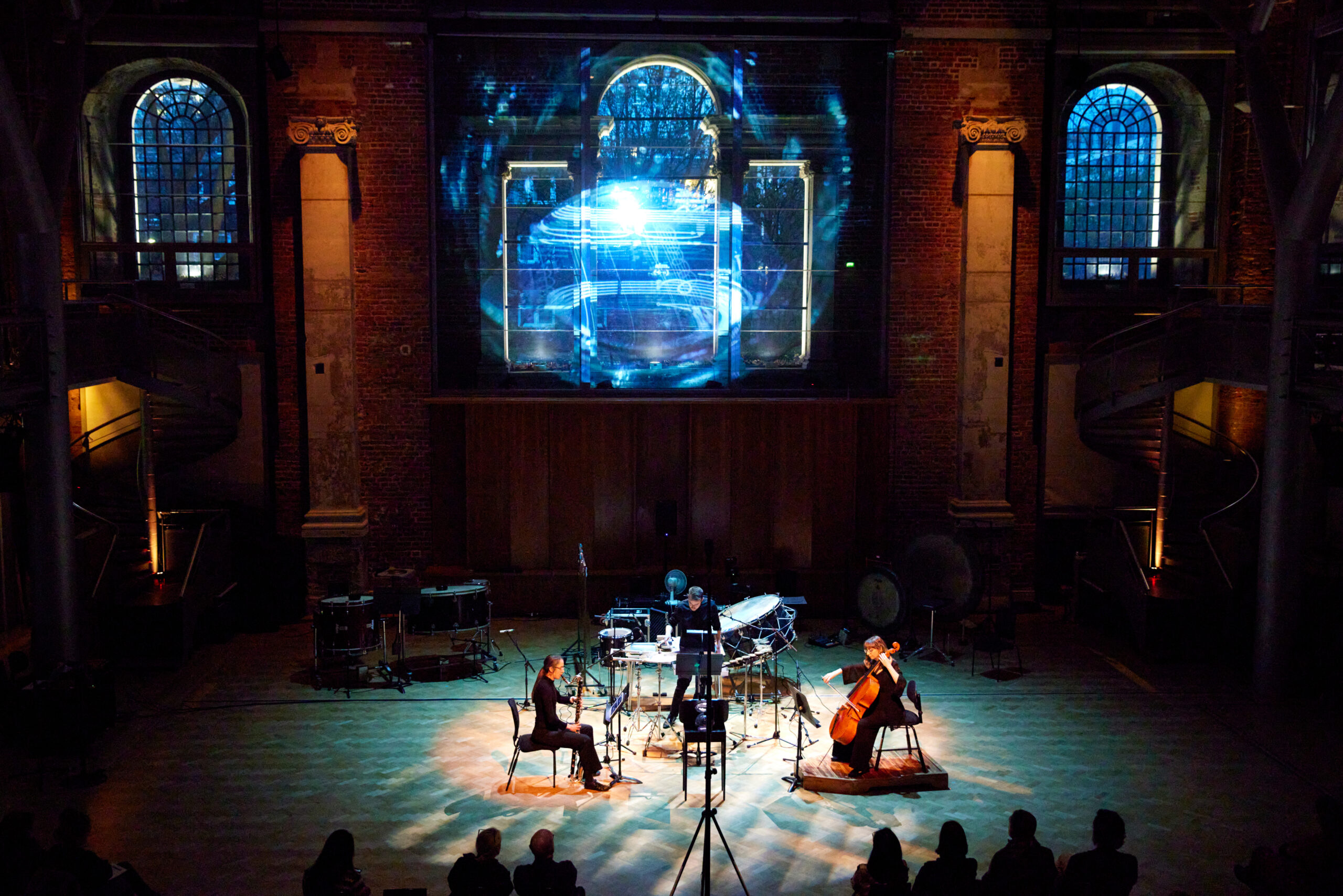 Photography by Kevin Leighton. Premiere performance at LSO St Luke's, April 15th, 2023. Musicians: Heather Roche (bass clarinet), Louise McMonagle (cello), Jacob Brown (percussion).